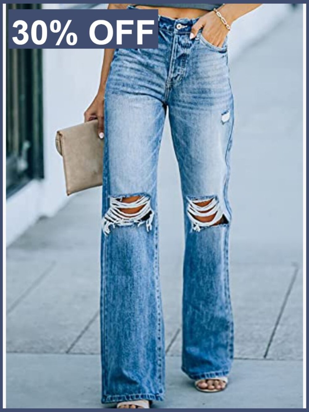 High Waisted Ripped Wide Leg Jeans Distressed Denim Pants Women - Picture 2 of 4